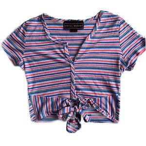Polly & Esther Striped V-Neck Crop Top with Front Tie